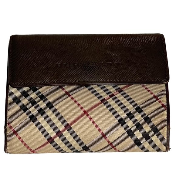 BURBERRY Vintage Nova Check Kisslock Tri-Fold Canvas & Leather Wallet 4.7"×4" - Picture 1 of 12